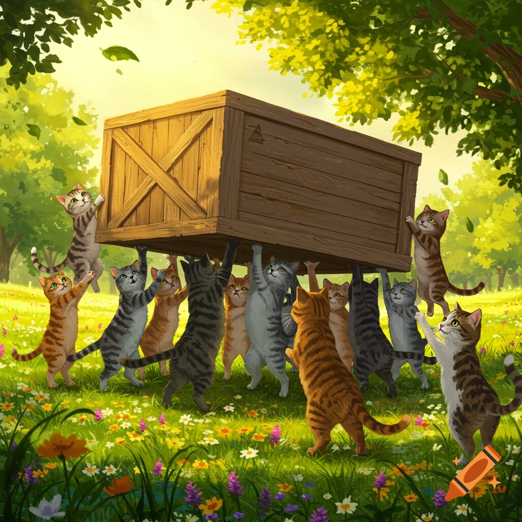 An illustration of many colorful cats cooperatively carrying a large wooden crate through a sunny, flowery field.