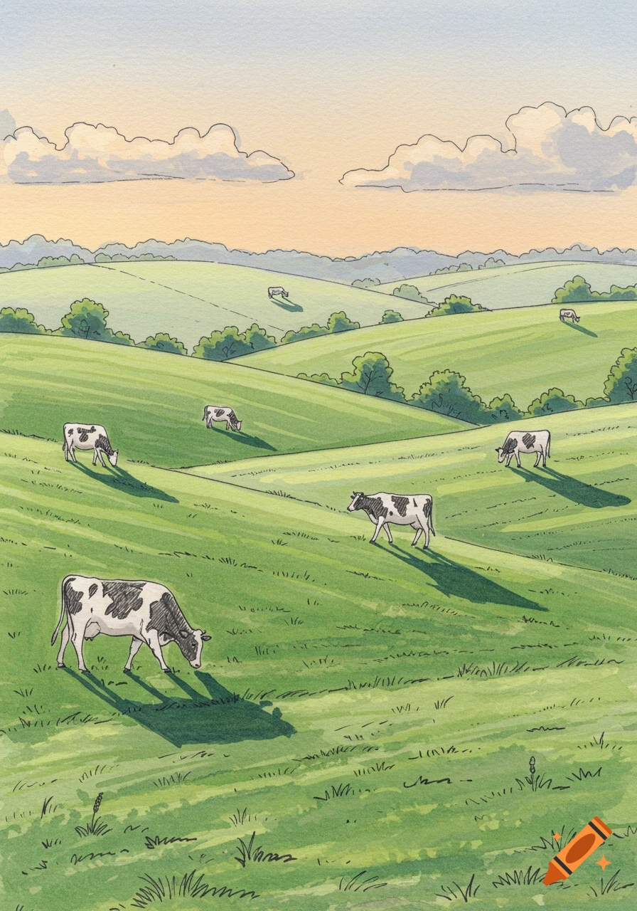Hand-drawn illustration of black and white cows grazing on rolling green hills under a partly cloudy sky.