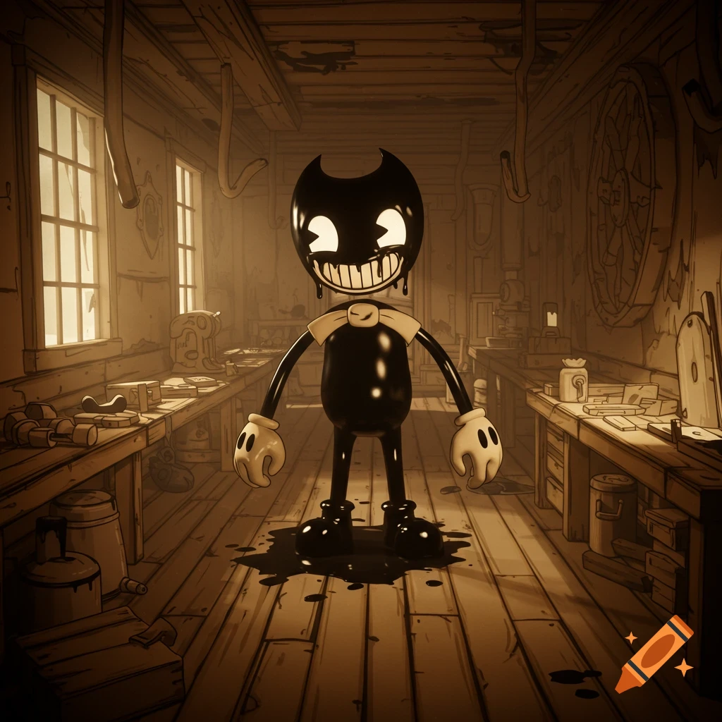 A black, cartoonish demon character with a wide, eerie grin stands in an old, sepia-toned wooden workshop, with ink dripping from its face and feet.