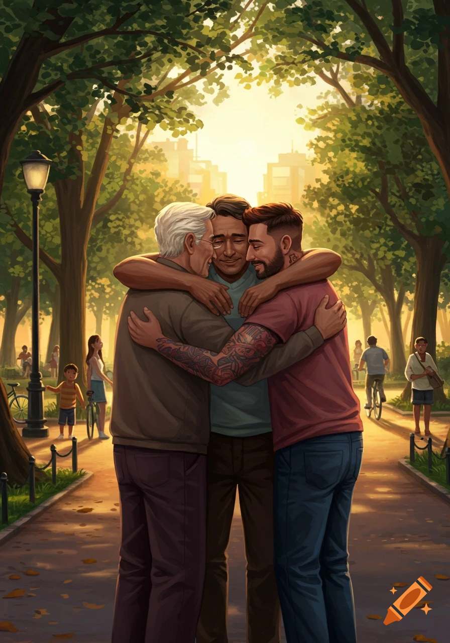 Three men of varying ages embrace tightly in a sunlit park, surrounded by trees and distant city buildings.