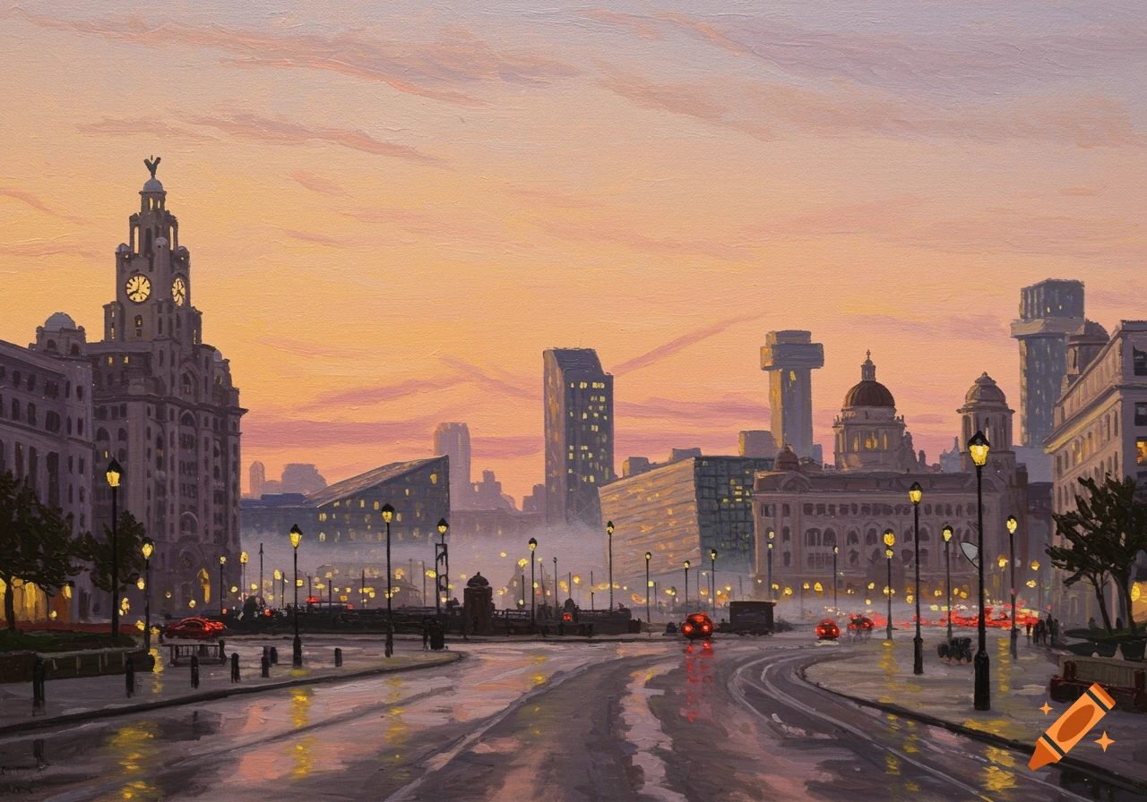 An acrylic painting depicting Liverpool City Center at dawn, with city lights reflecting on a wet street under a pink and orange sky.