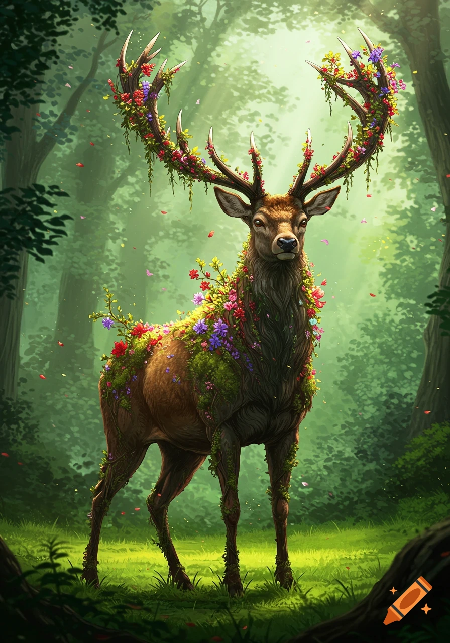 A majestic deer with floral antlers and moss-covered body stands in a sunlit forest, in a detailed fantasy illustration.