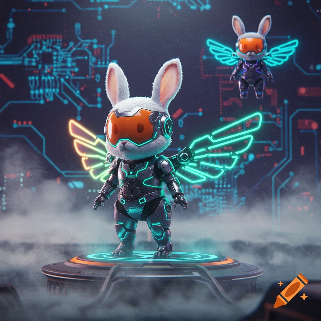 A cute white cyberpunk rabbit in a glowing neon armored suit and wings stands on a futuristic platform with a digital circuit background.