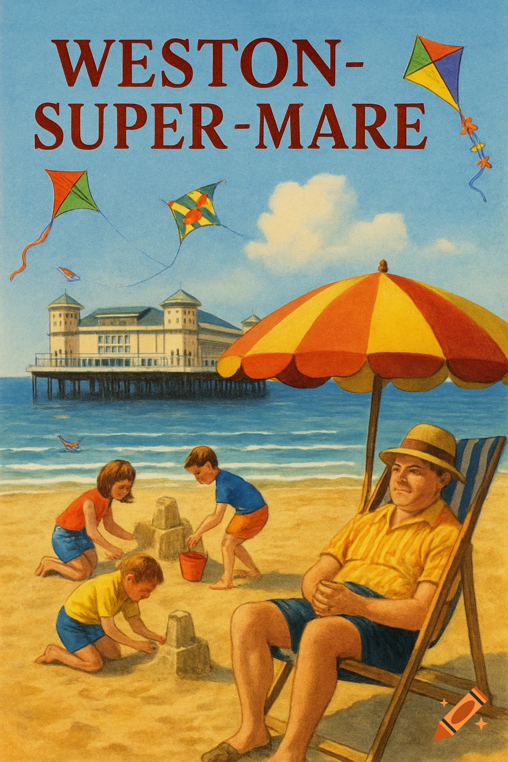 Vintage illustration of Weston-super-Mare beach with a man relaxing in a chair, children playing, a pier, and kites in the sky.