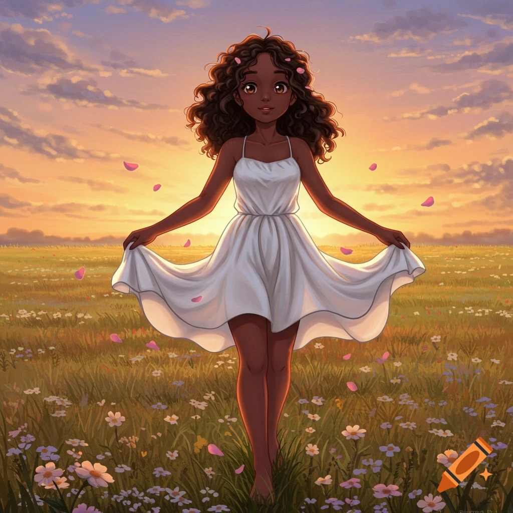 A dark-skinned anime girl in a white sundress stands in a wildflower field at sunset with petals falling.