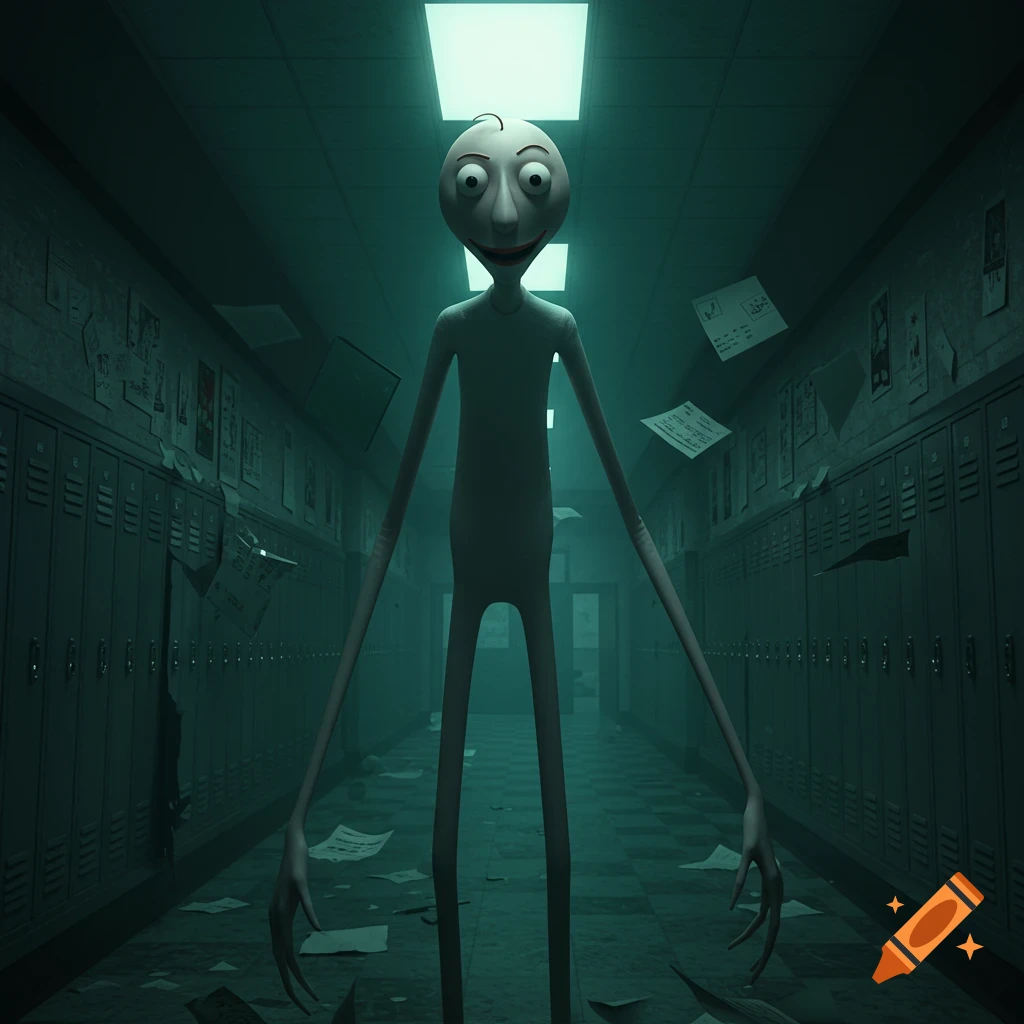A creepy, pale, humanoid character with wide eyes and a smile stands in a dimly lit, messy school hallway.