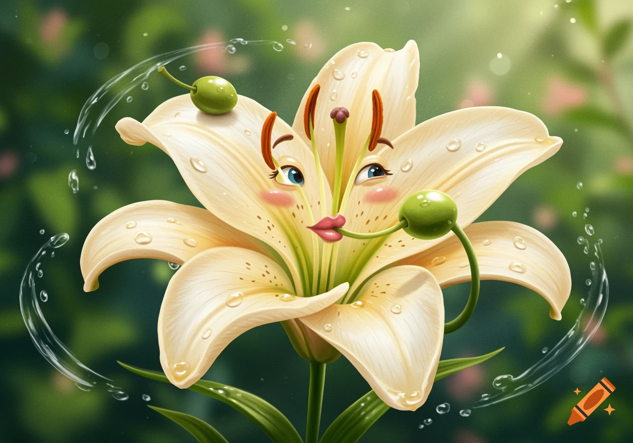 A whimsical illustration of a white lily flower with a human-like face, blushing cheeks, and red lips, holding a green olive with a stem.