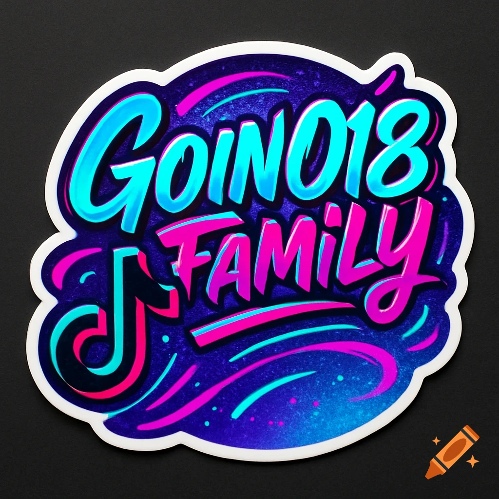Custom sticker with Goin018 Family text in vibrant neon blue and pink, featuring a TikTok-like logo on a glittery dark background.