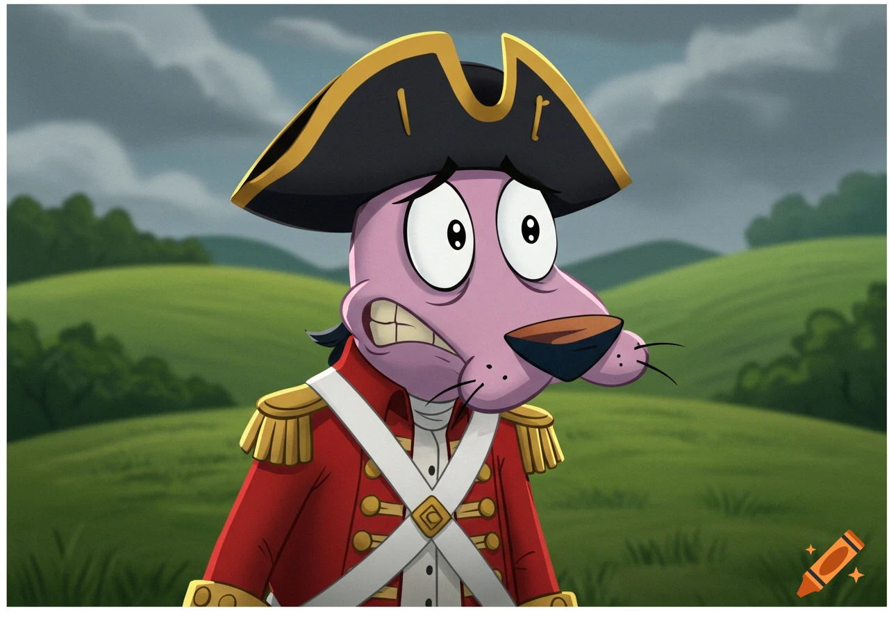Courage the Cowardly Dog, looking scared, dressed in a red British army uniform and a black bicorne hat in a green field under a cloudy sky.