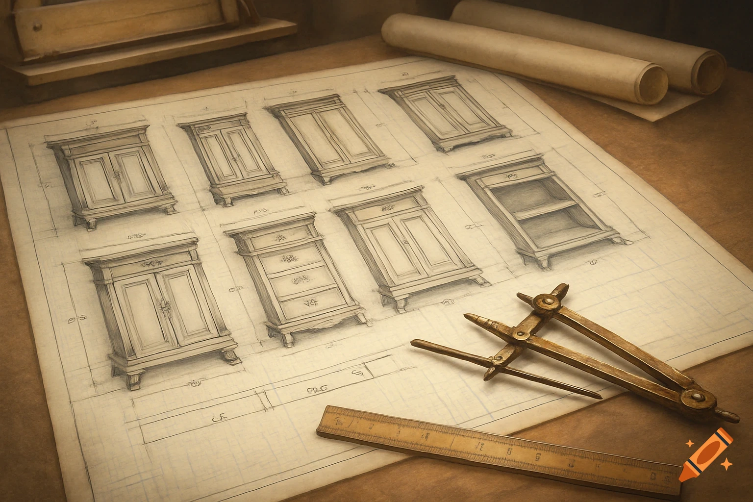A view of a blueprint for various wooden cabinets with drafting tools like a compass and a ruler on a desk.