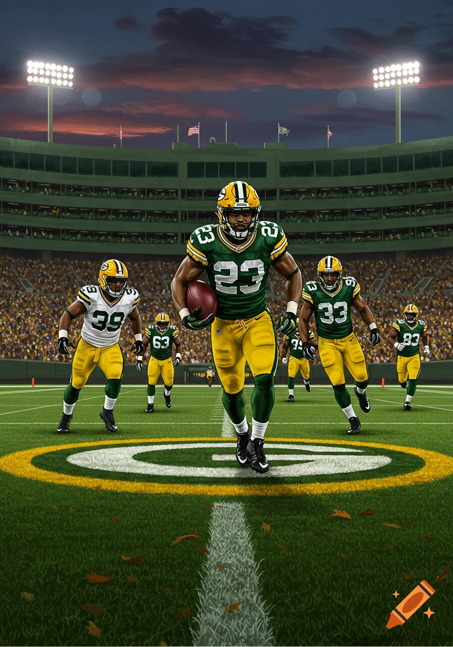 American football players in green and gold uniforms run on a stadium field at dusk.