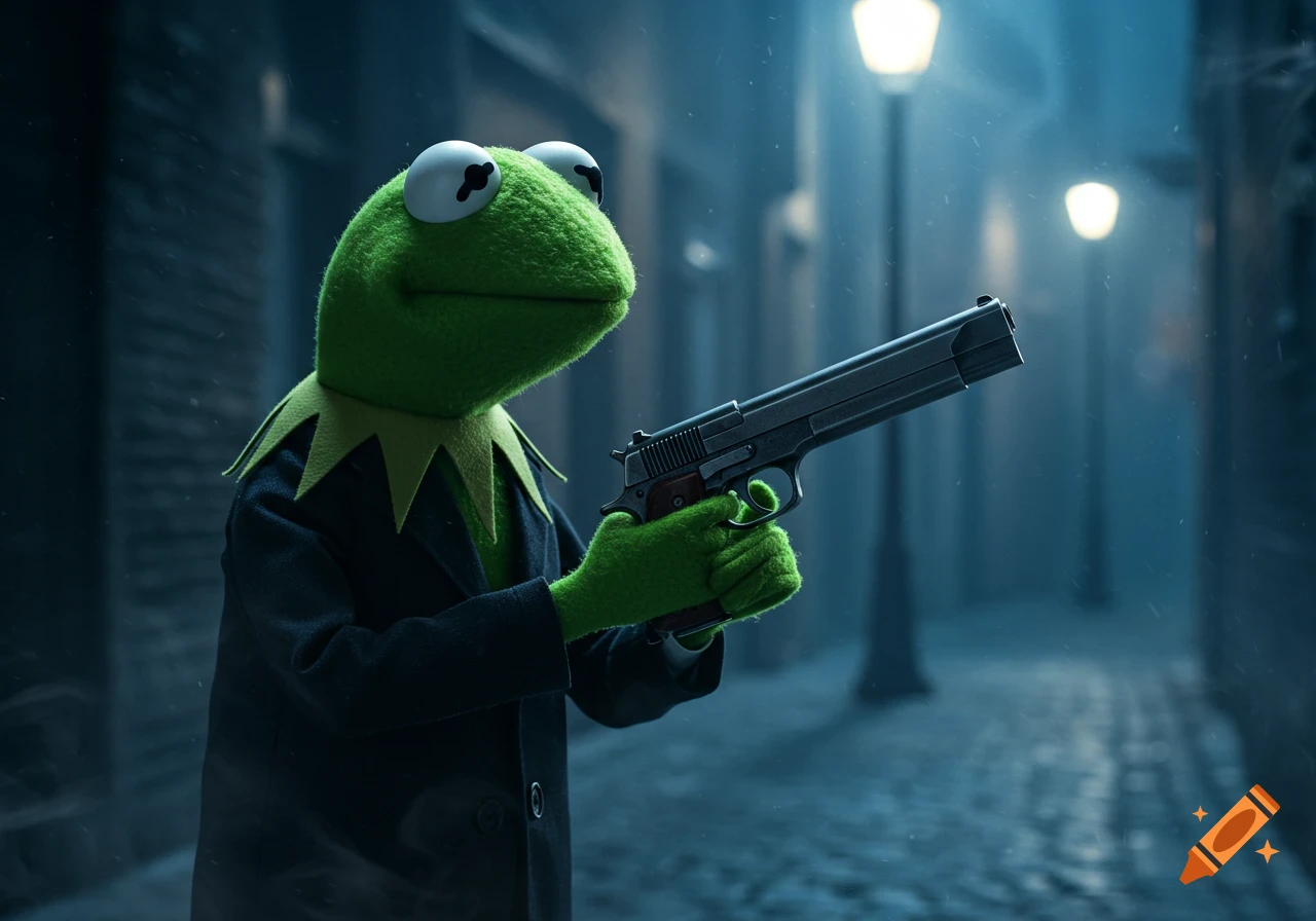 Photorealistic image of Kermit the Frog in a trench coat holding a handgun in a dark, rainy alley at night.