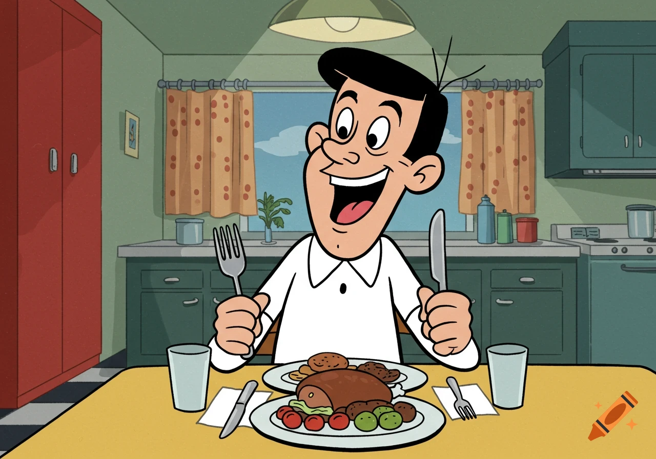 A smiling 1960s style cartoon man sits at a kitchen table, holding a fork and knife, ready to eat a large meal.