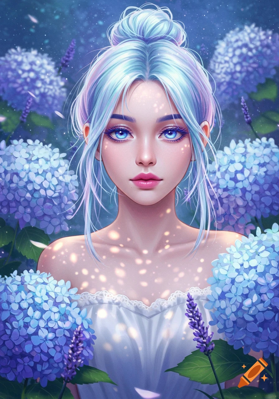 A fantasy portrait of a girl with light blue-purple hair in a bun and vivid blue eyes, surrounded by purple hydrangeas.