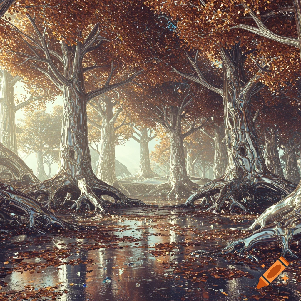 A surreal forest with metallic trees and autumn leaves on reflective wet ground, under a bright sky.