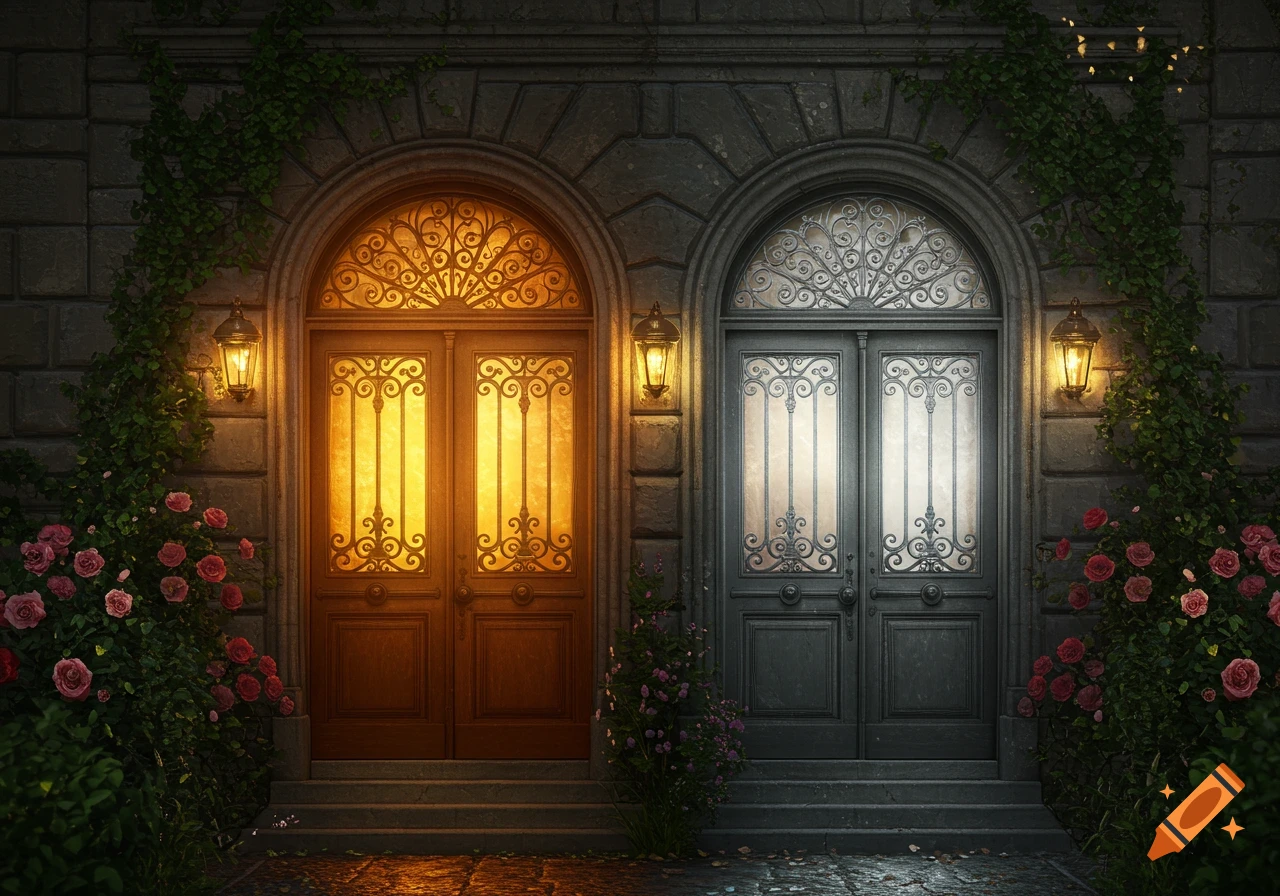 Two ornate doors on a stone building, one glowing warm, the other cool, surrounded by ivy and rose bushes at night.