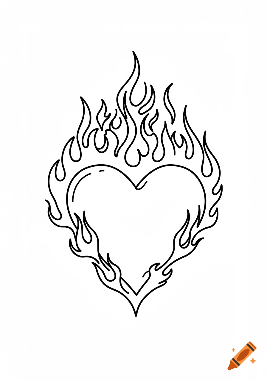 A black outline drawing of a heart with flames surrounding it.