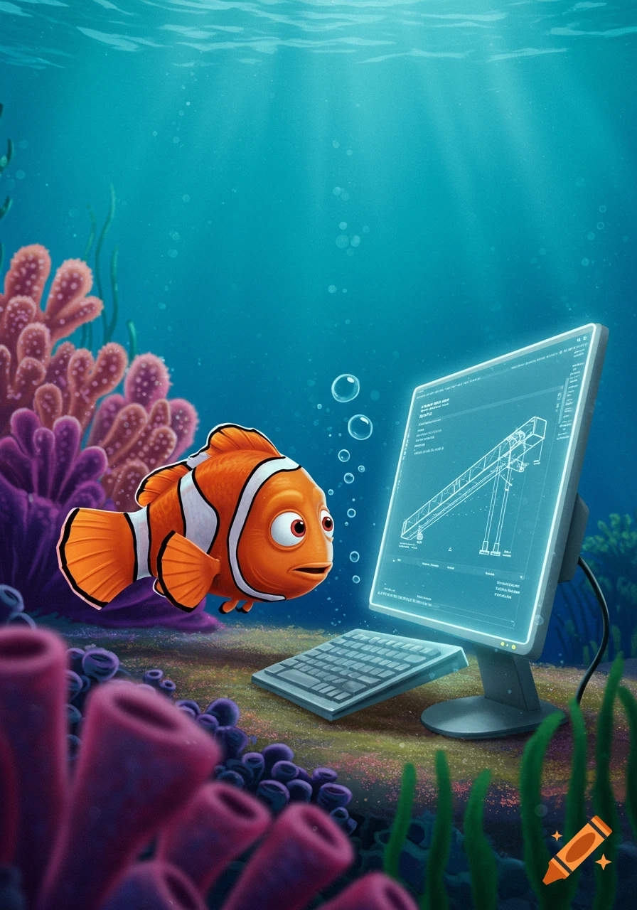 A cartoon clownfish resembling Nemo from Finding Nemo looks intently at a computer monitor underwater, displaying a blue wireframe AutoCAD drawing of a conveyor incline.