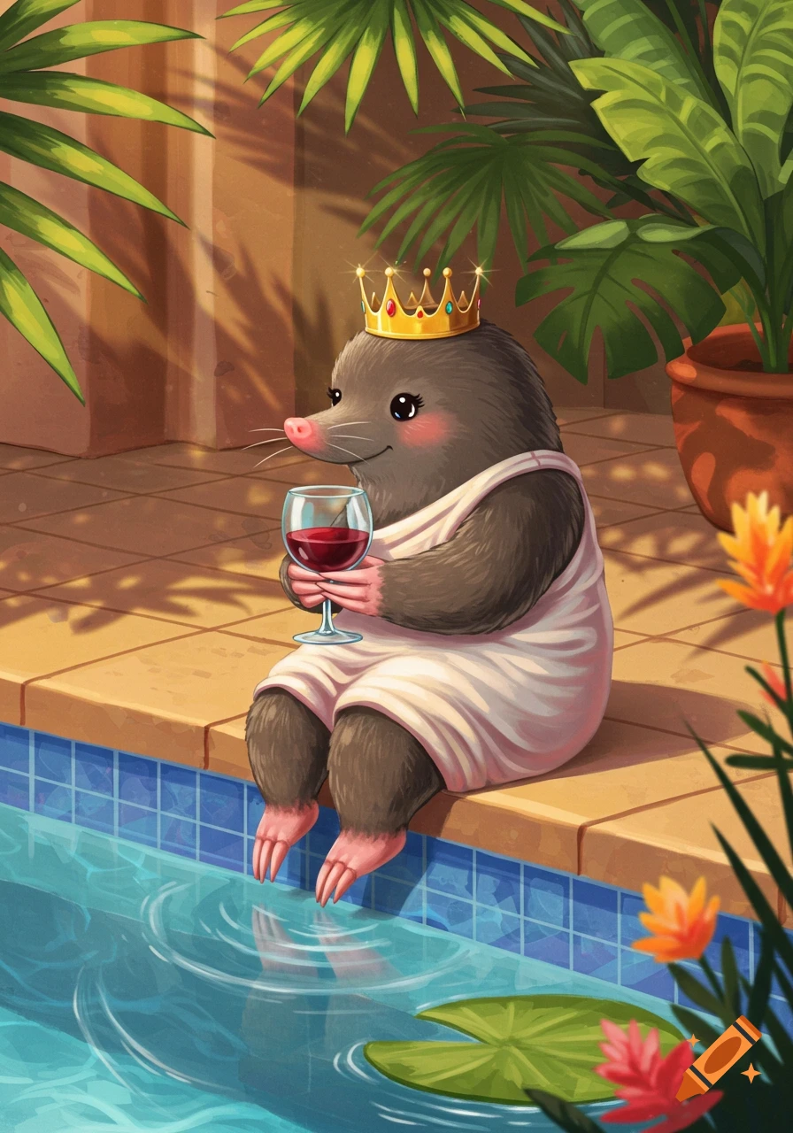 A cute cartoon mole wearing a crown and a white toga sits by a pool, dipping its feet in the water while holding a glass of red wine.