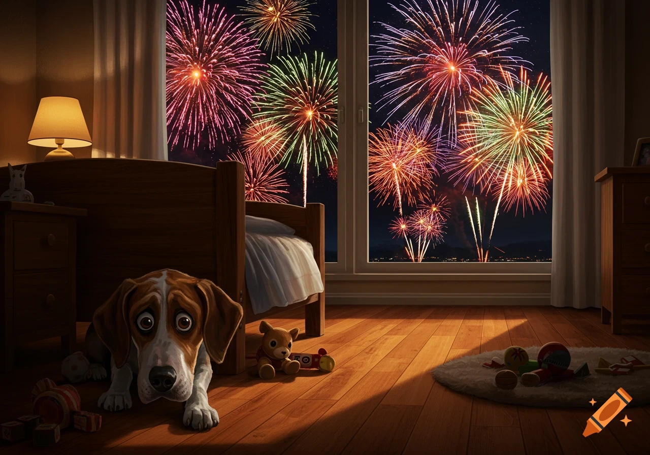 A scared beagle lies on the floor of a bedroom as colorful fireworks explode outside a window at night.