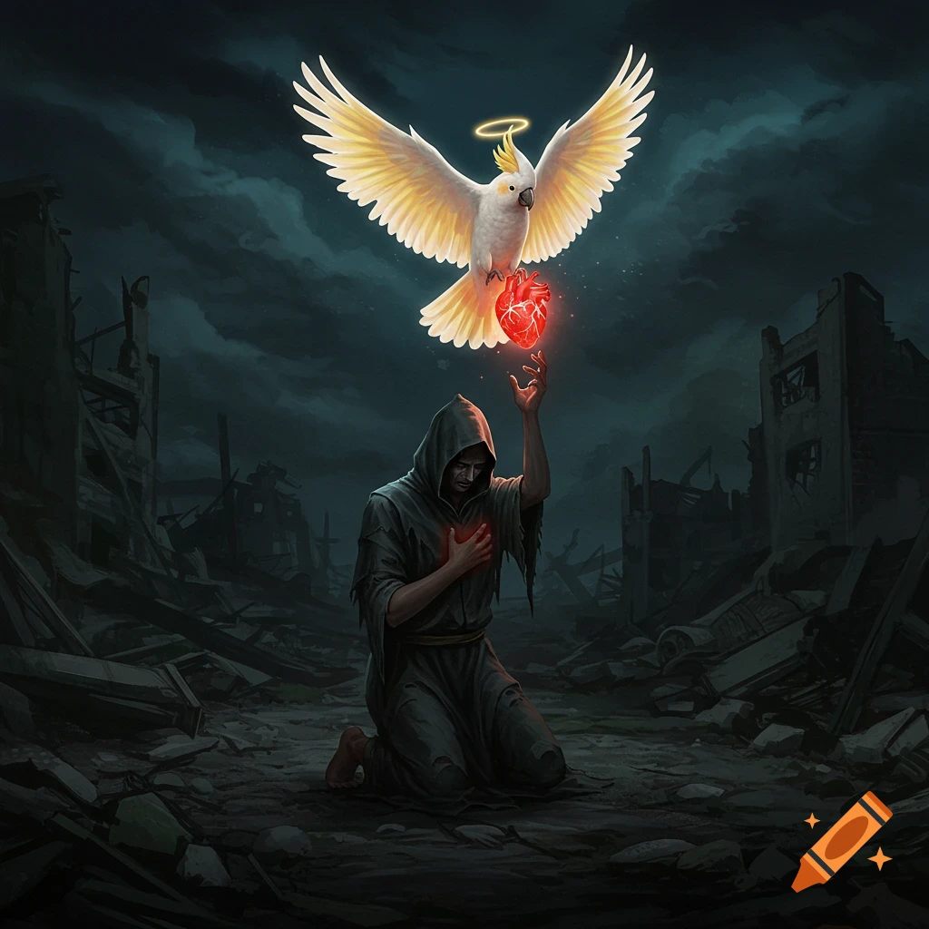 A hooded figure kneels in a dark, ruined wasteland, holding up a glowing heart as an angelic white cockatoo with a halo flies towards it, in a digital painting style.