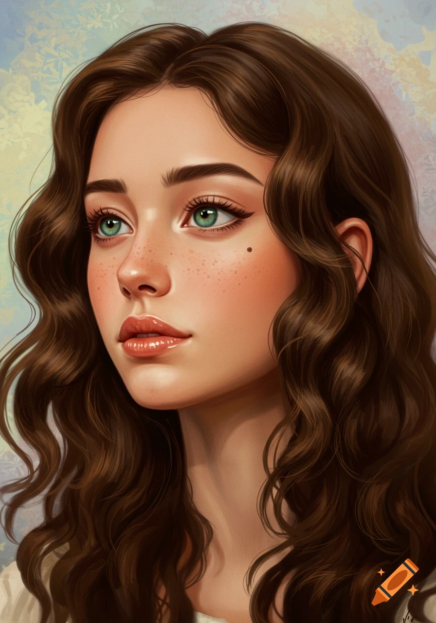 Digital painting of a beautiful young woman with long brown wavy hair, green eyes, freckles, and a beauty mark, looking left.