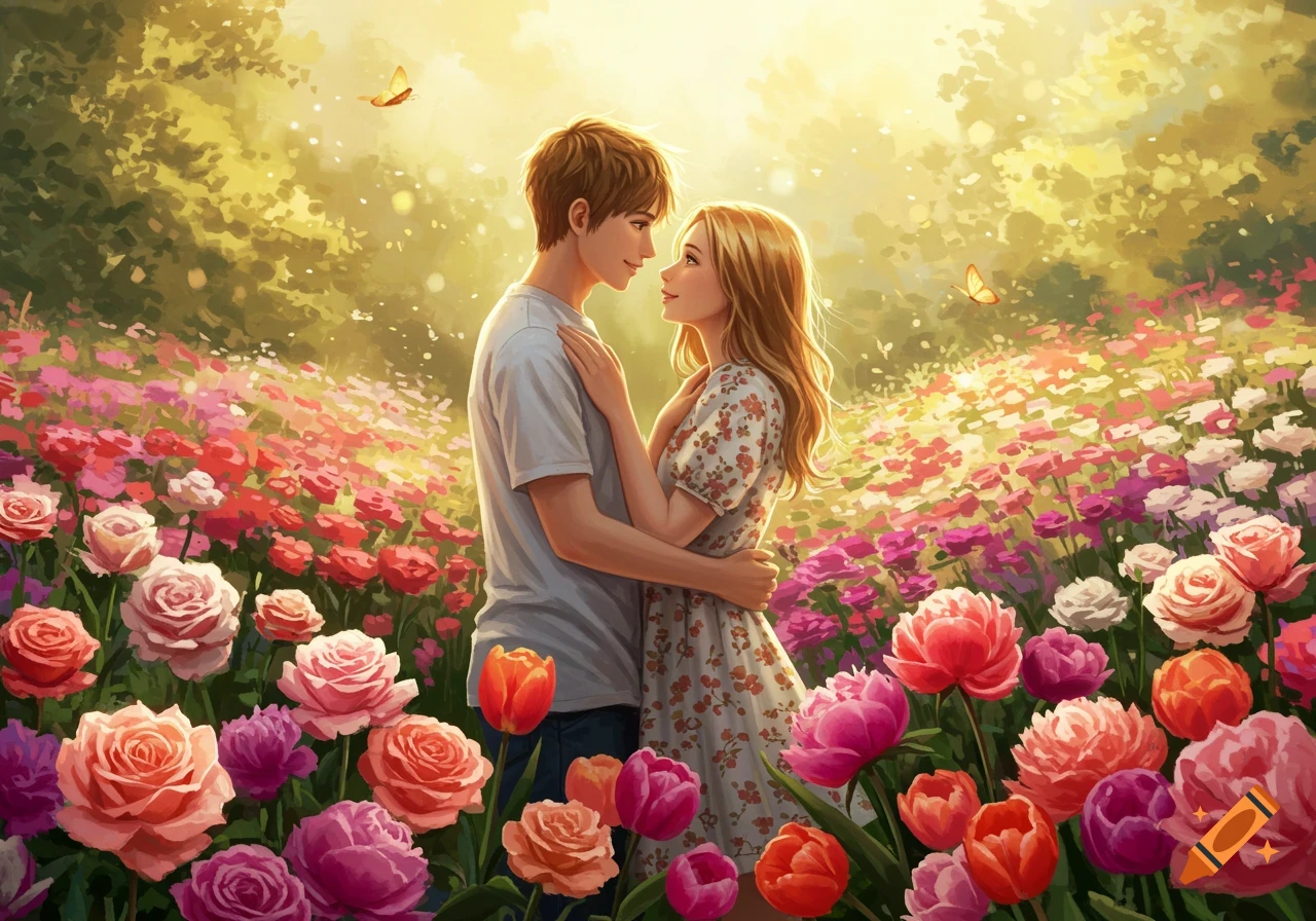 Digital art of a smiling couple embracing in a lush flower garden with sunlight filtering through trees.