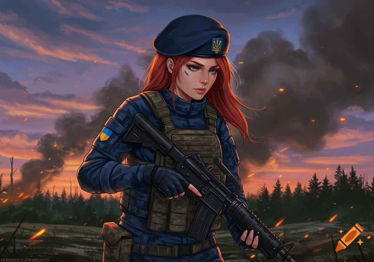 A red-haired female Ukrainian soldier in a beret and uniform, holding a rifle, stands in a smoky battlefield at sunset. Stylized digital art.