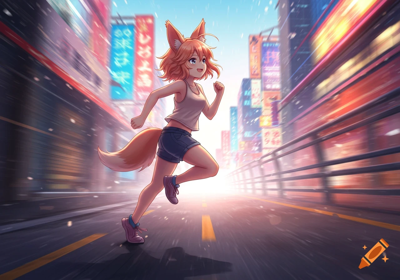 Anime girl with fox ears and tail running through a vibrant city street with motion blur.