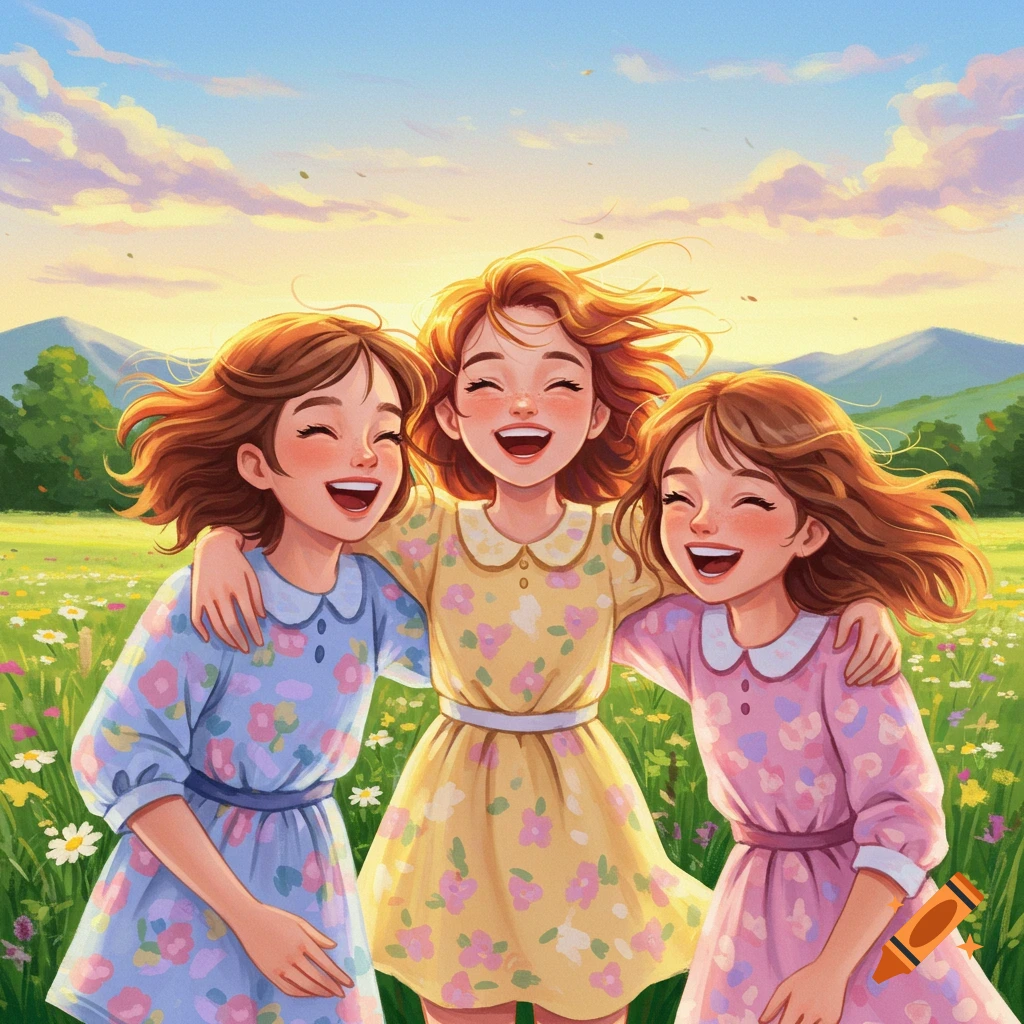 Three joyful cartoon girls with flowing hair embrace in a sunny field of wildflowers.
