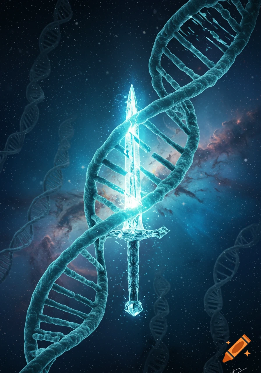 A glowing sword entwined with a large DNA helix against a dark blue cosmic background with stars and nebulae.