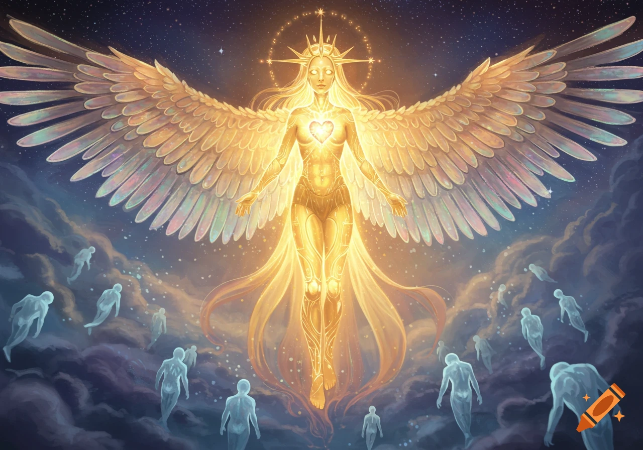 A luminous angelic figure with large iridescent wings and a glowing heart stands in a starry sky with ethereal souls.