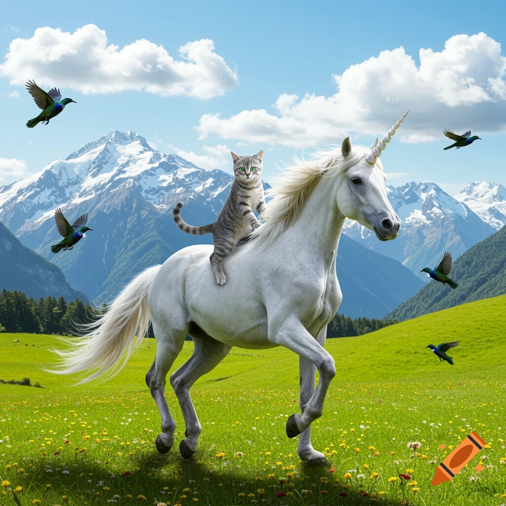 A photorealistic tabby cat rides a white unicorn through a flowery green field with snowy mountains and birds flying under a blue sky.