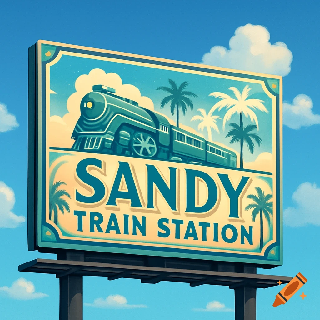 A stylized billboard advertising 'Sandy Train Station' featuring a train, palm trees, and a blue sky.