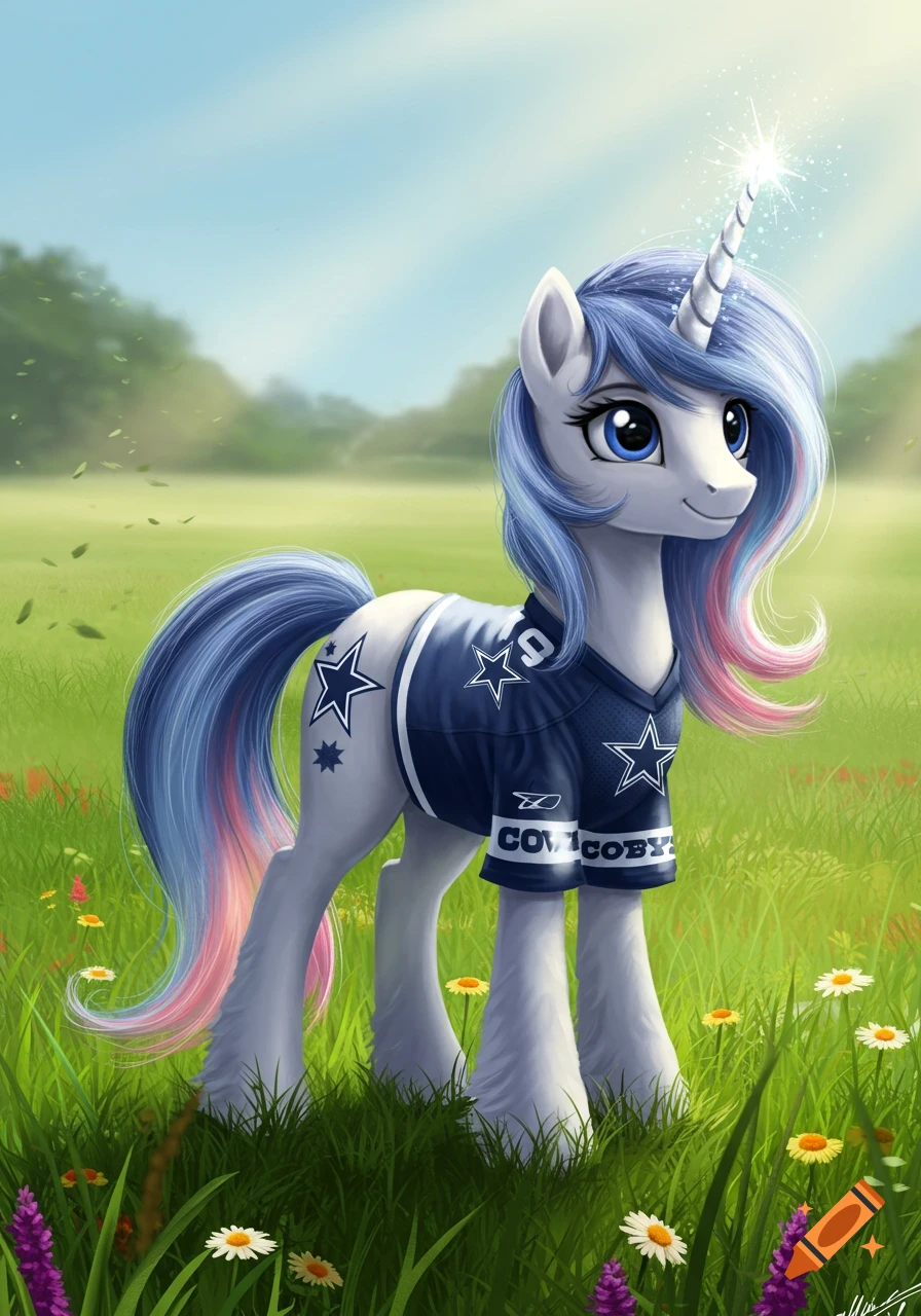 A cute unicorn with blue and pink mane and tail wears a blue Dallas Cowboys football jersey in a sunny green field.