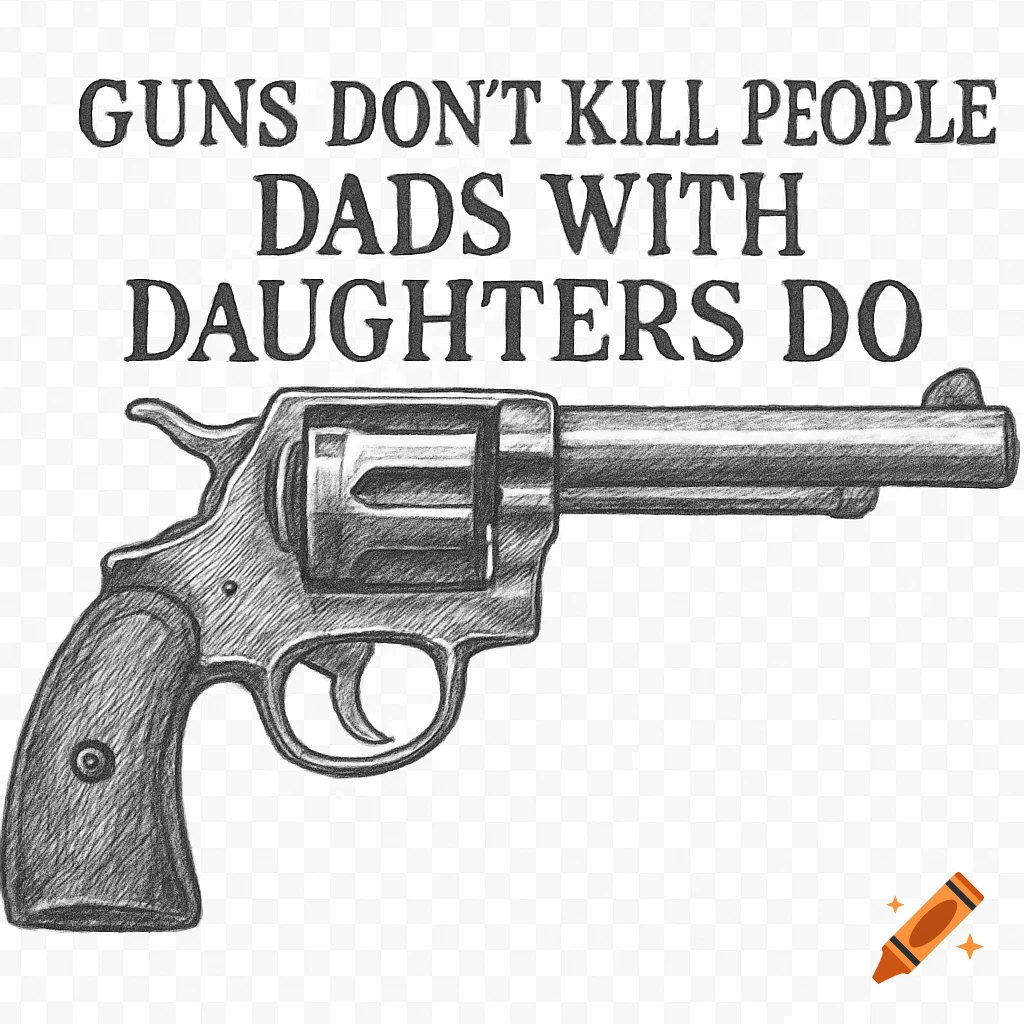 Pencil drawing of a revolver with the text 'GUNS DON'T KILL PEOPLE DADS WITH DAUGHTERS DO' above it on a transparent background.