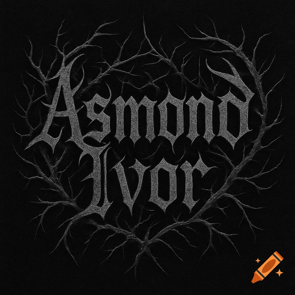 A black metal logo featuring 'Asmond Ivor' in a jagged, gothic font, encircled by thorny branches on a dark background.
