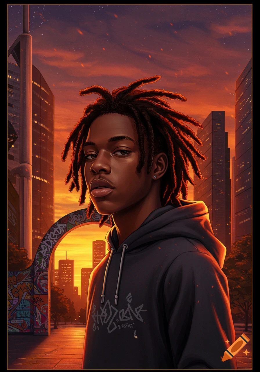 Digital art portrait of a young man with dreadlocks, wearing a hoodie, against an urban sunset backdrop with city buildings and graffiti.