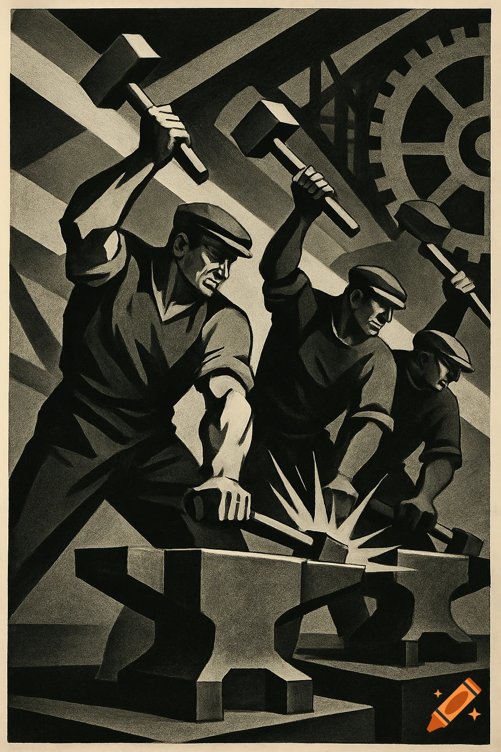 Three stylized men in Soviet constructivism art style, hammering on anvils with sparks flying.