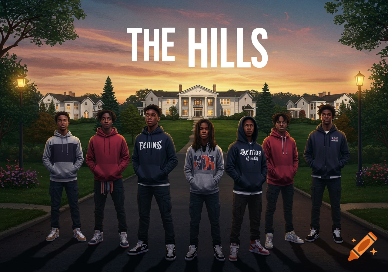 Seven Black teenage boys stand in a suburban street in front of large houses at sunset, with 'THE HILLS' text above.