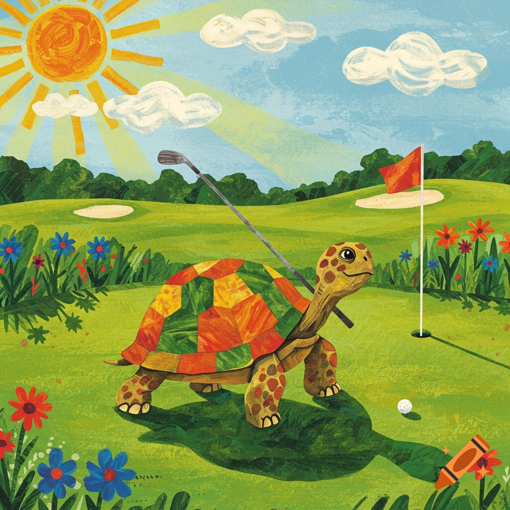An Eric Carle style illustration of a happy turtle with a golf club on its back, standing on a sunny golf course with a red flag, a golf ball, and colorful flowers.