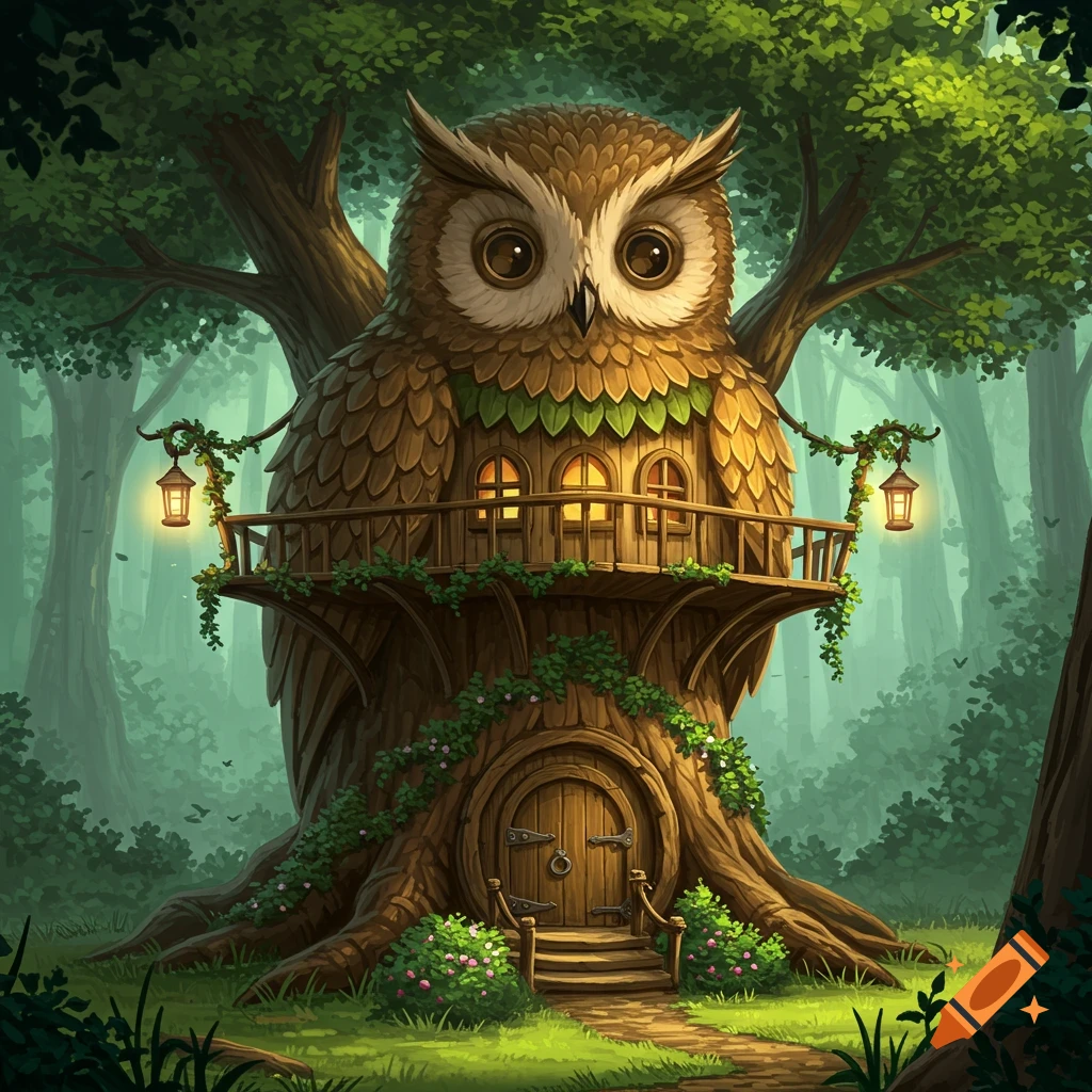 A whimsical owl-shaped treehouse with big eyes, a balcony, and a round door at its base, nestled in a lush green forest.