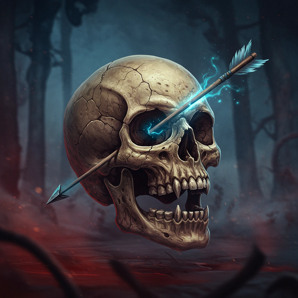 A cracked human skull with glowing blue eyes and an arrow piercing its forehead, set against a dark, misty forest background.