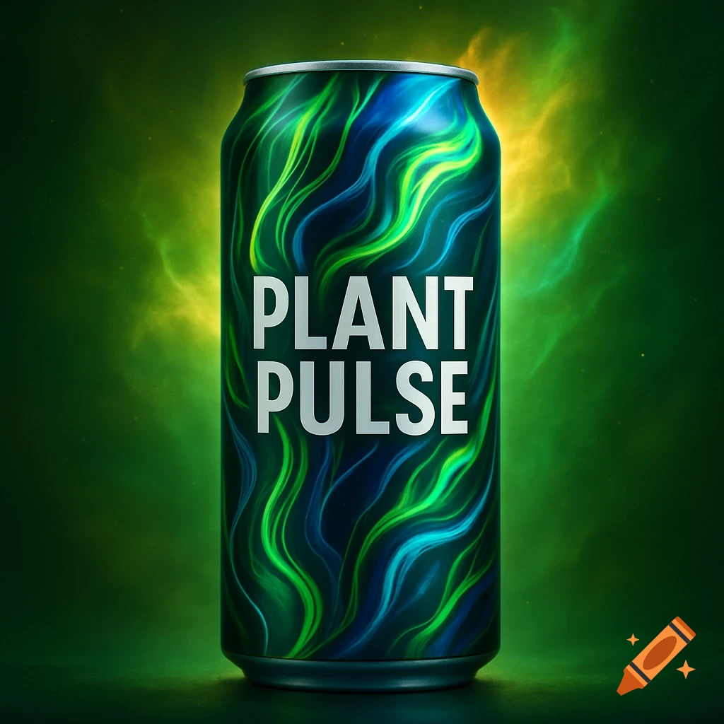 A green and blue energy drink can labeled 'PLANT PULSE' against a glowing green and yellow background.