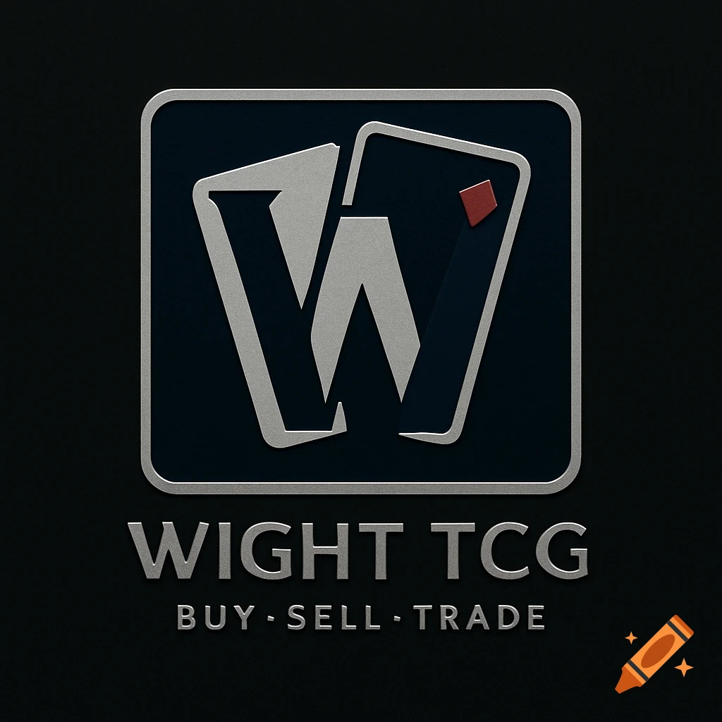 A metallic logo for 'Wight TCG' featuring a stylized 'W' integrated with playing cards, with the slogan 'BUY SELL TRADE' below.