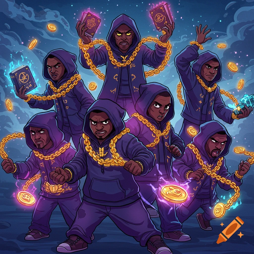A group of seven cartoon men in purple hoodies and gold chains, wielding magical glowing books and surrounded by floating golden coins against a cloudy night sky.