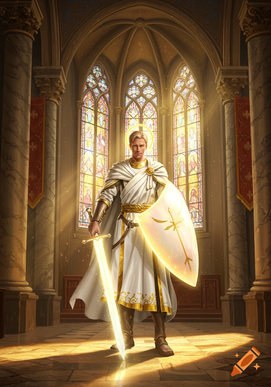 A man in white and gold robes with a glowing sword and shield stands in a sunlit church with stained glass windows.