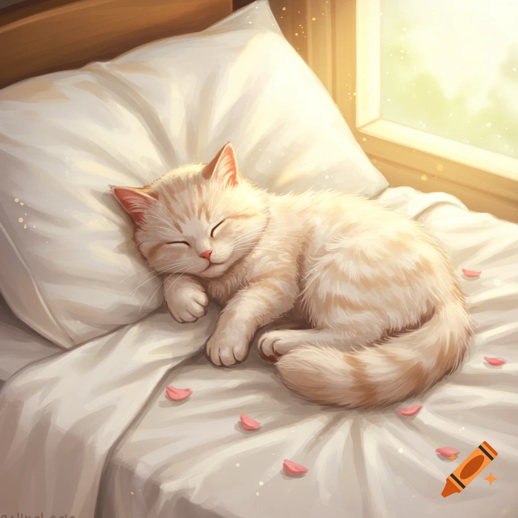 A cute, light orange and white striped cat sleeps peacefully on a white bed with pink petals near a sunny window in this digital illustration.