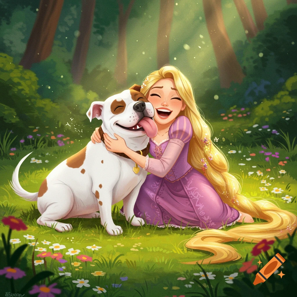 A blonde character in a purple dress hugs a white and brown dog in a lush green field. The happy dog licks her face.