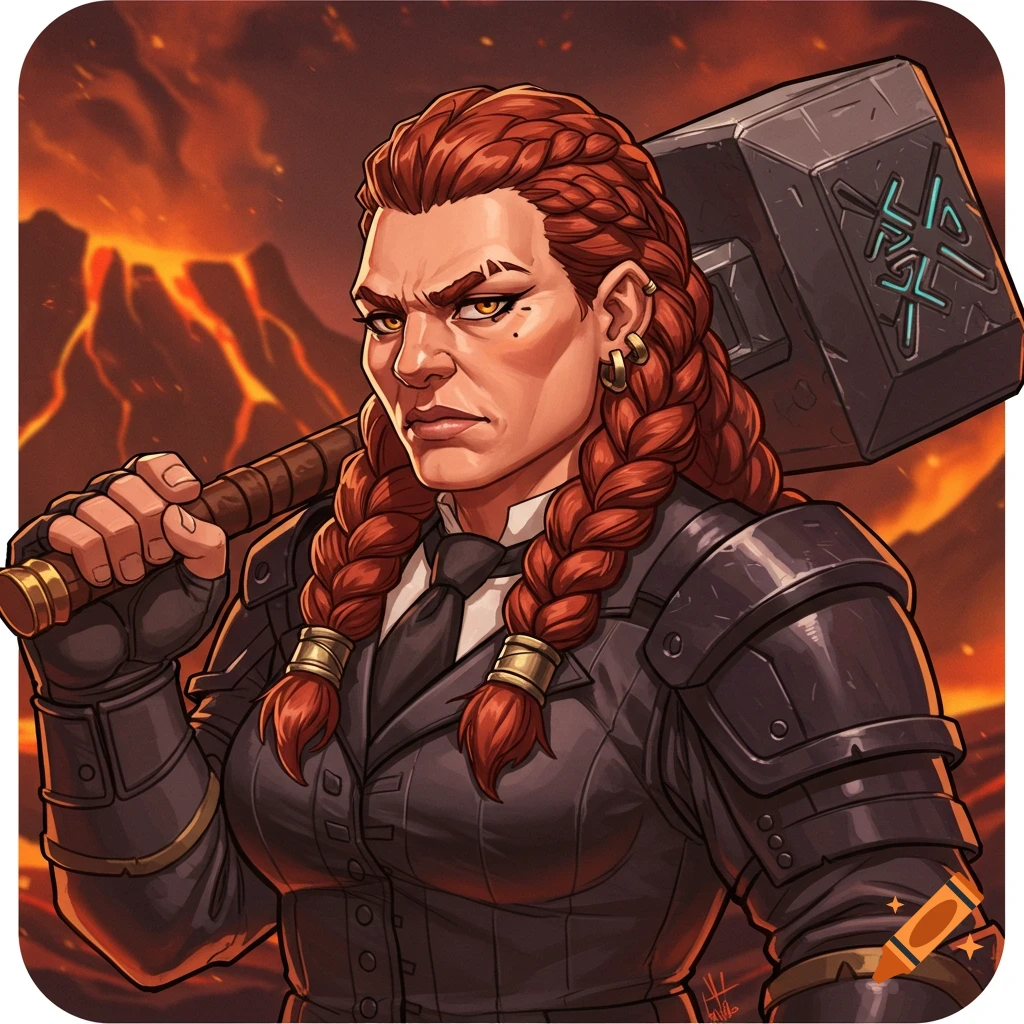 Cartoonish portrait icon of a female dwarf secretary with red braided hair, holding a warhammer with glowing runes, against a volcanic background.
